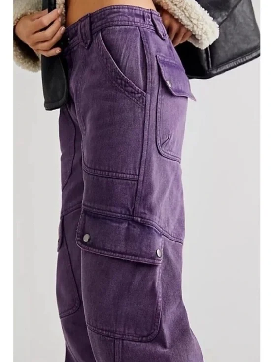 Free People Plum/prune  Came And Ge It Cargo Wide-Leg Denim Pants - Picture 4 of 12